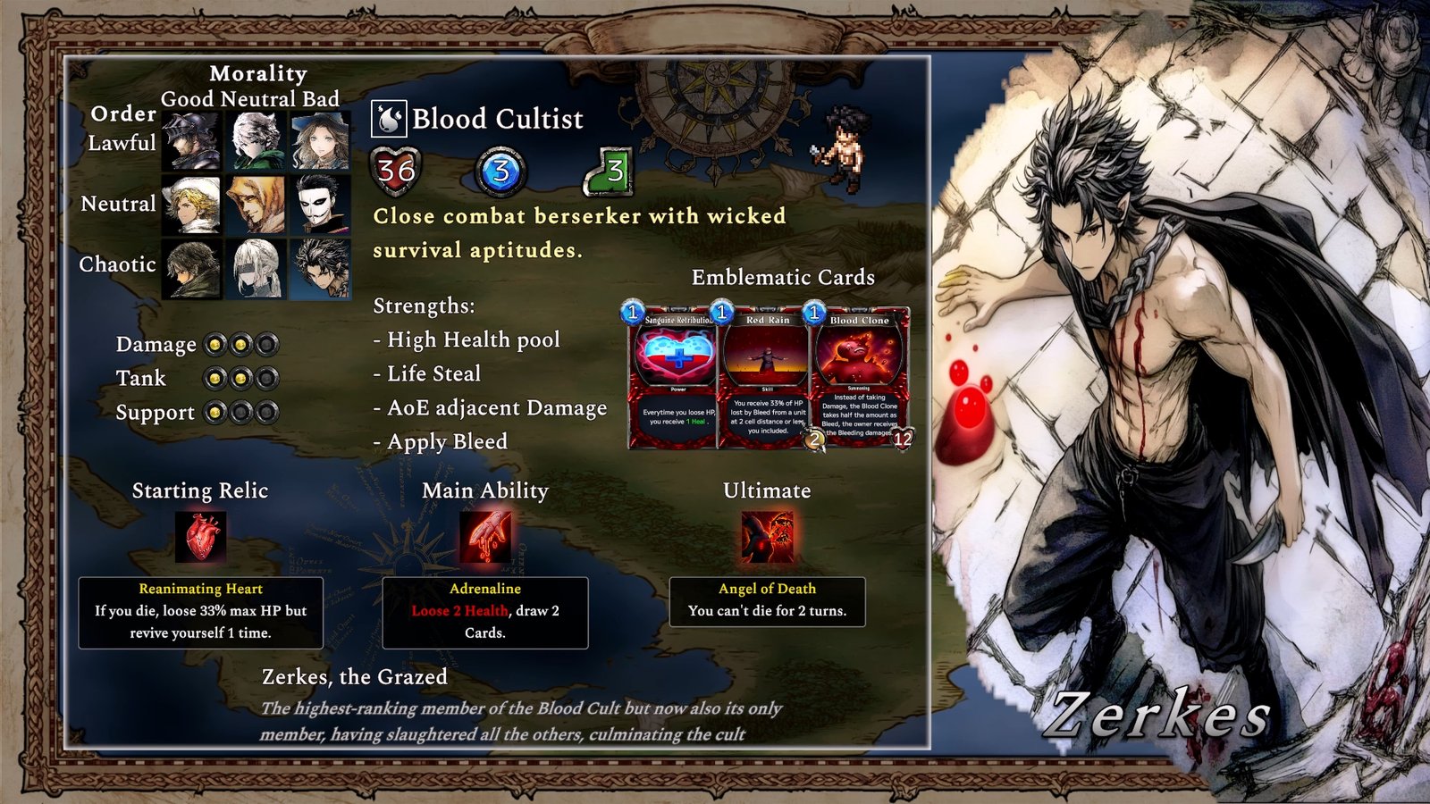 Blood Cultist class sheet, Zerkes, the Grazed, stats, emblematic cards, relic and ultimate, Crown Control
