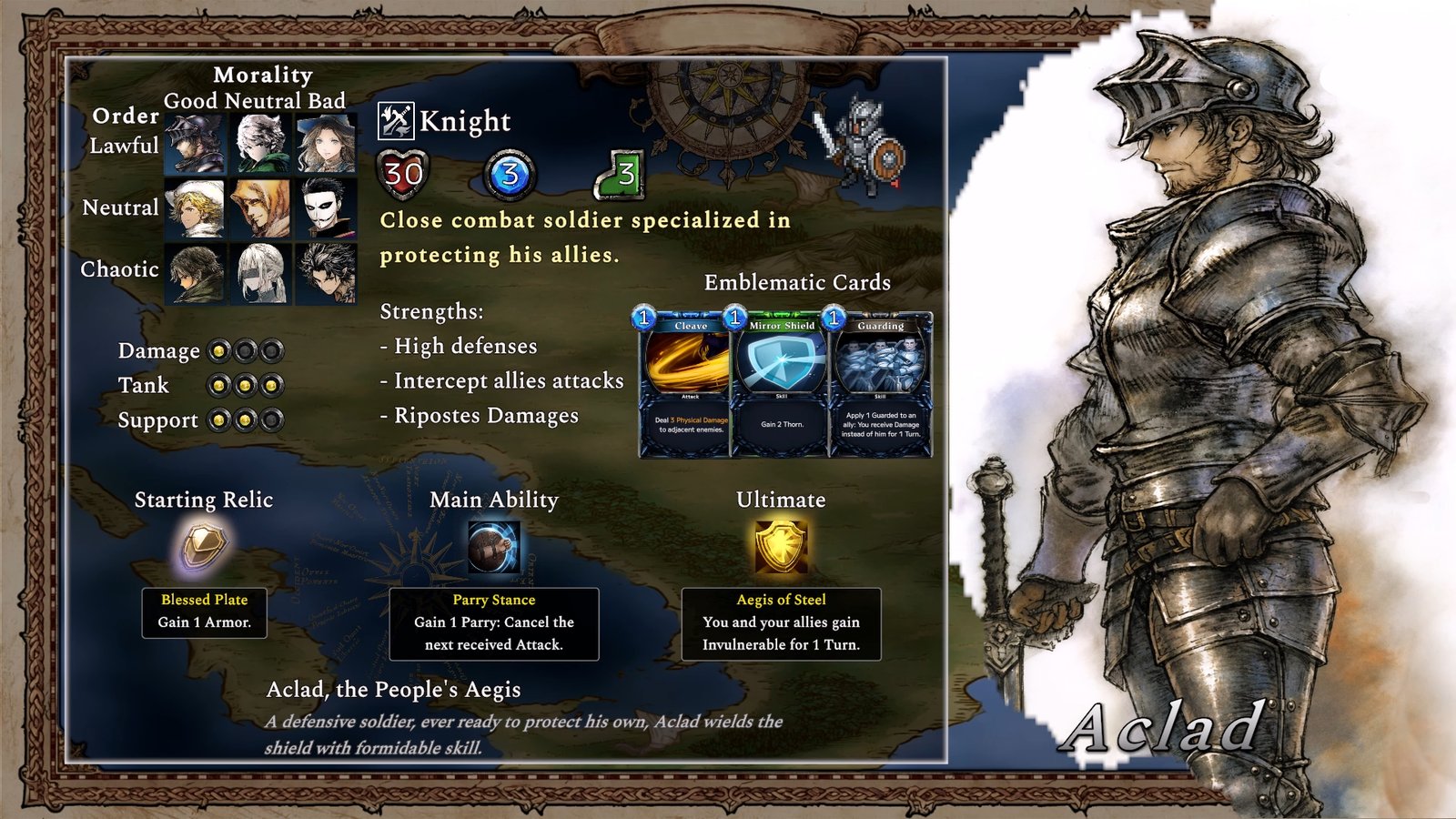 Knight class sheet, Aclad, the People's Aegis, stats, emblematic cards, relic and ultimate, Crown Control