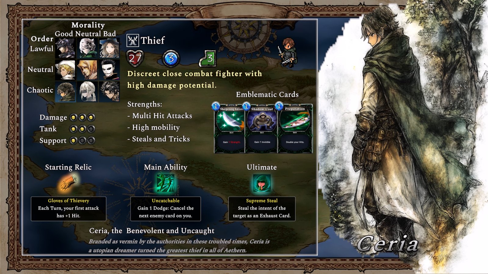 Thief class sheet, Ceria, the Benevolent and Uncaught, stats, emblematic cards, relic and ultimate, Crown Control