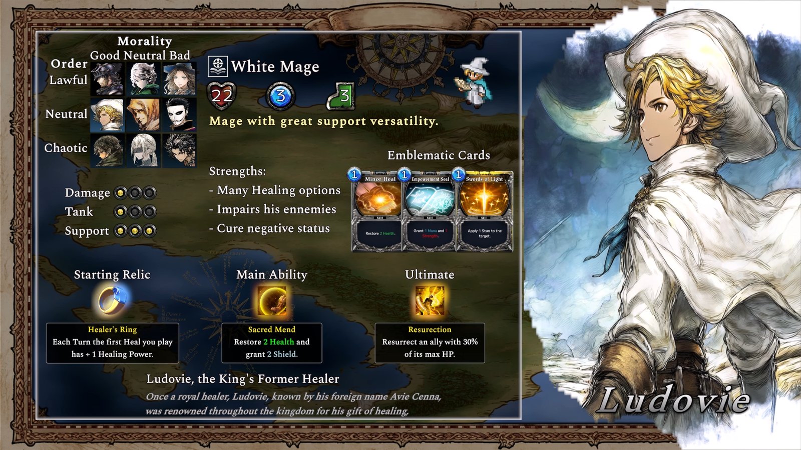 White Mage class sheet, Ludovie, the King's Former Healer, stats, emblematic cards, relic and ultimate, Crown Control